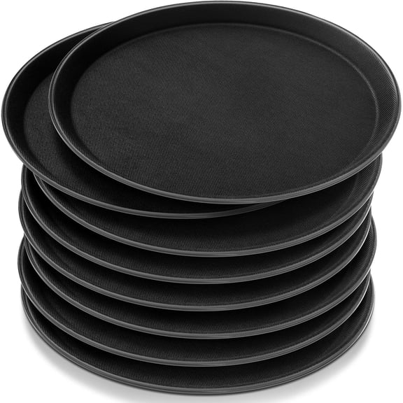 8-Piece Black 14 Inch Round Serving Tray Set with Non-Slip Textured Surface and Raised Edges