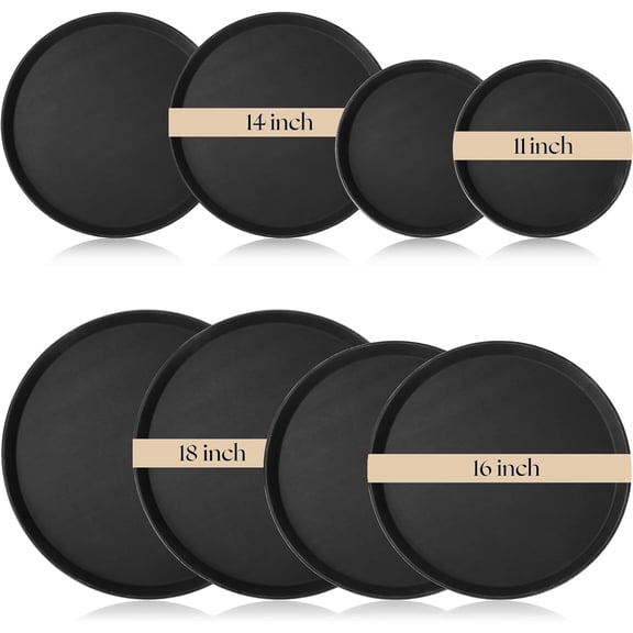 8-Piece Black Round Non-Slip Plastic Serving Tray Set with Raised Edges (11 Inch, 14 Inch, 16 Inch, 18 Inch)