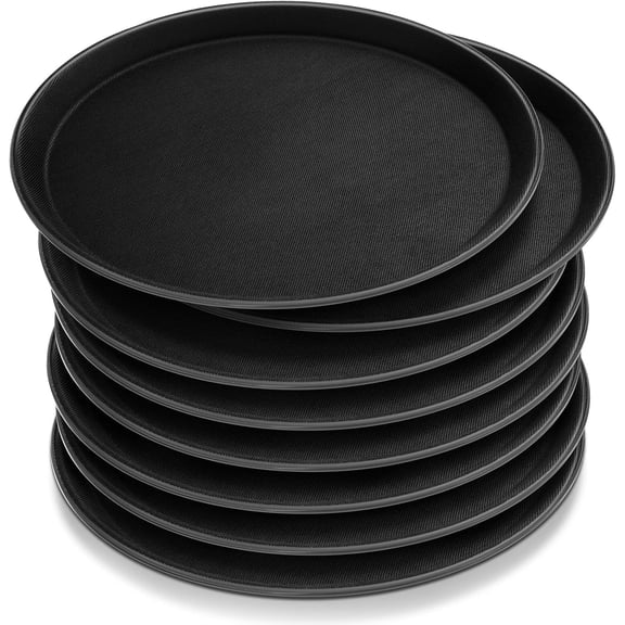 8-Piece Black Round Plastic Serving Tray With Non-Slip Surface And Raised Edges, Ideal For Food Service In Restaurants, Cafeterias, Bars, Kitchens, And Home Settings (11-Inch Diameter)