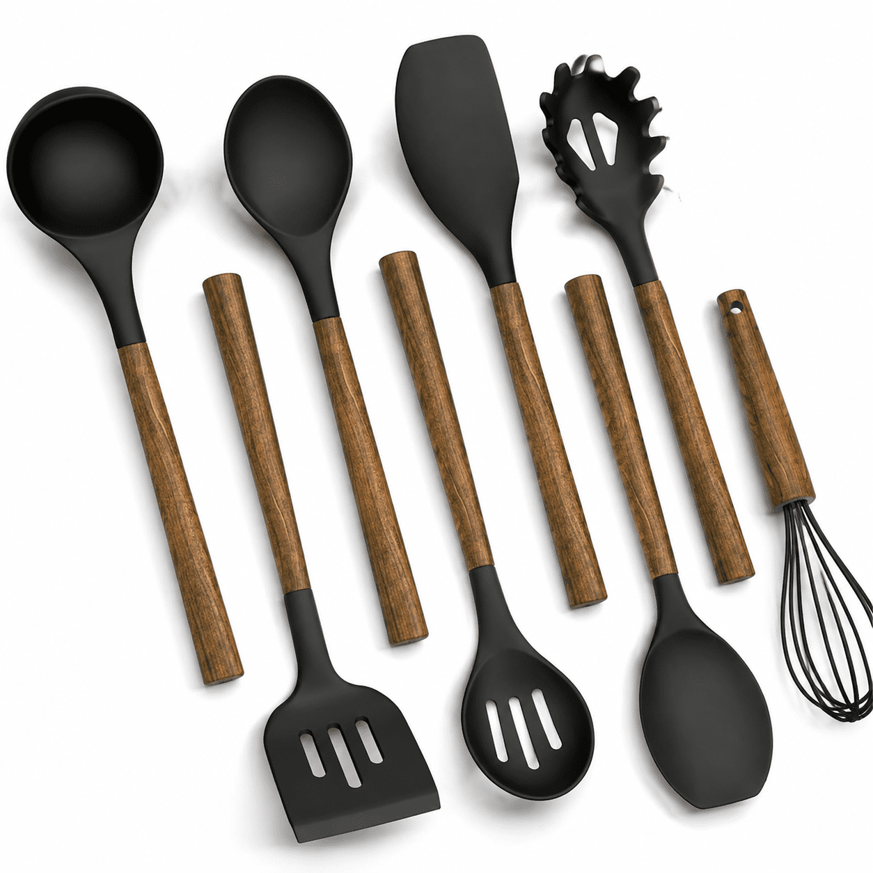 8-Piece Black Silicone Kitchen Utensil Set With Wooden Handles For ...