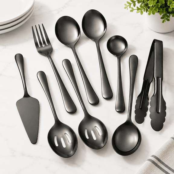8-Piece Black Stainless Steel Serving Utensil Set for Buffet and Kitchen Use