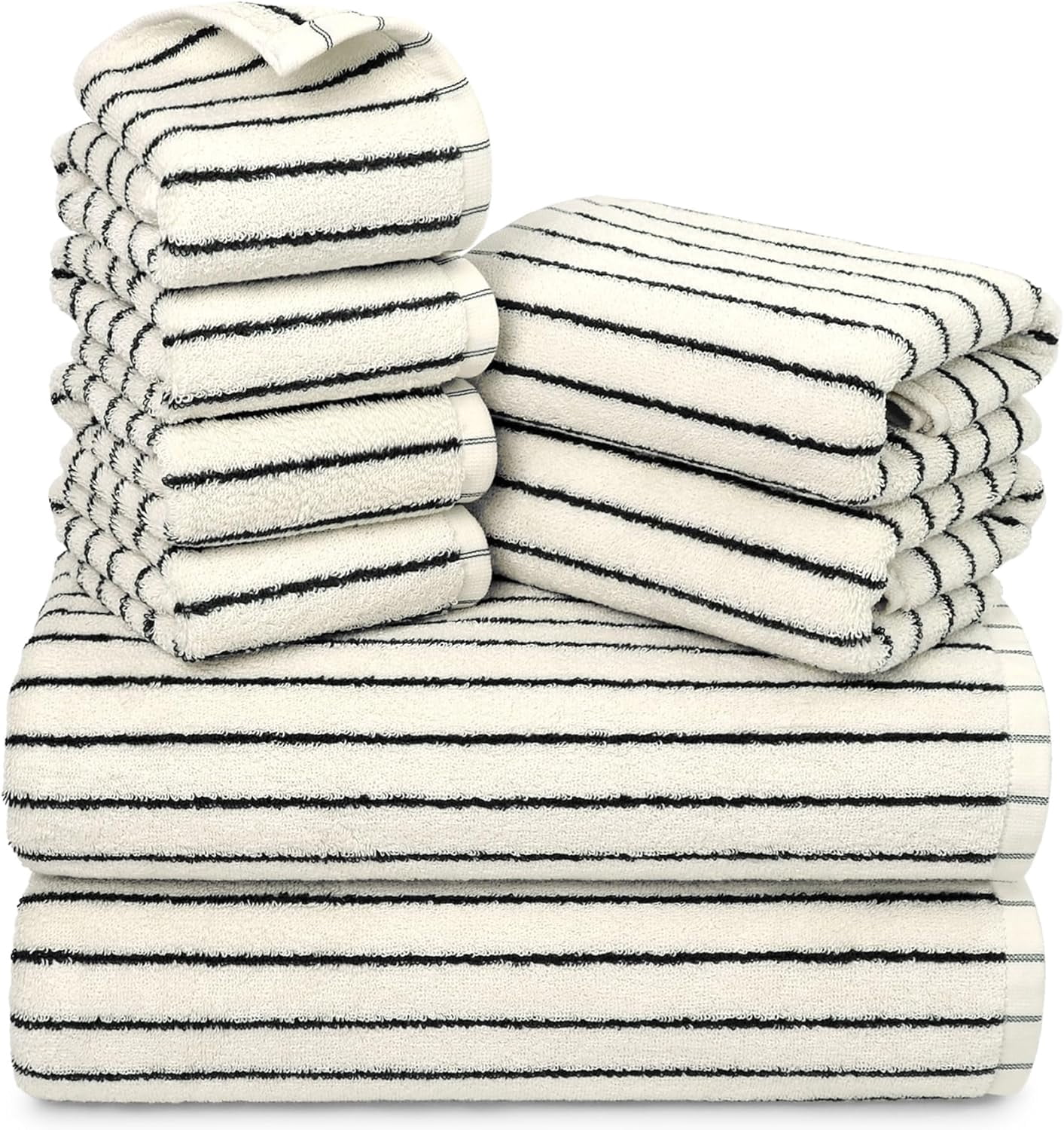 Jacquotha 8 Piece Black and White Towel Set, Super Soft & Absorbent Cotton Striped Towels for Bathroom Decor, 2 Bath, Hand, 4 Washcloths