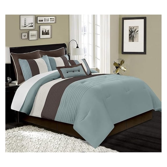 8-Piece Blue Brown Beige Pleated Stripe Comforter Set Full Size Bedding Set