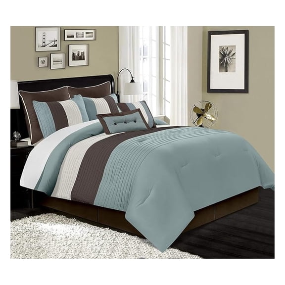 8-Piece Blue Brown Beige Pleated Stripe Comforter Set Full Size Bedding Set