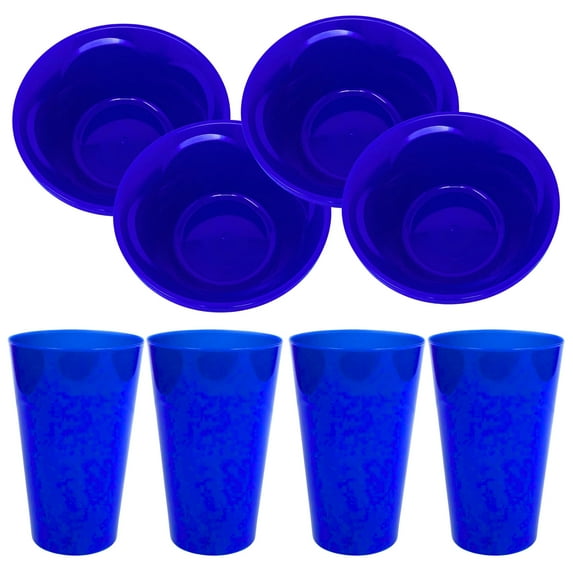 8-Piece Blue Plastic Dinnerware Set – 4 Round Tumblers & 4 Small Bowls – Durable BPA-Free Drinkware Tableware for Indoor/Outdoor Use Camping Picnics Parties