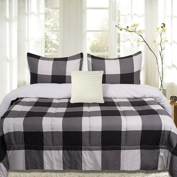 8 Piece Buffalo Check Bed in a Bag Black/Gray Comforter and Black Sheet Set King