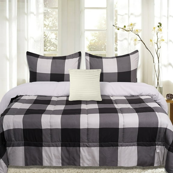 8 Piece Buffalo Check Bed in a Bag Black/Gray Comforter and White Sheet Set Queen