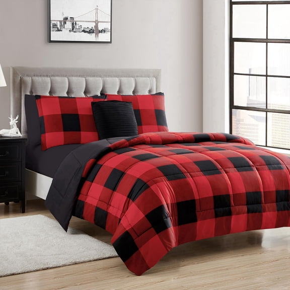 8 Piece Buffalo Plaid Bed in a Bag Comforter and Solid Black Sheet Set - Queen - Black/Red
