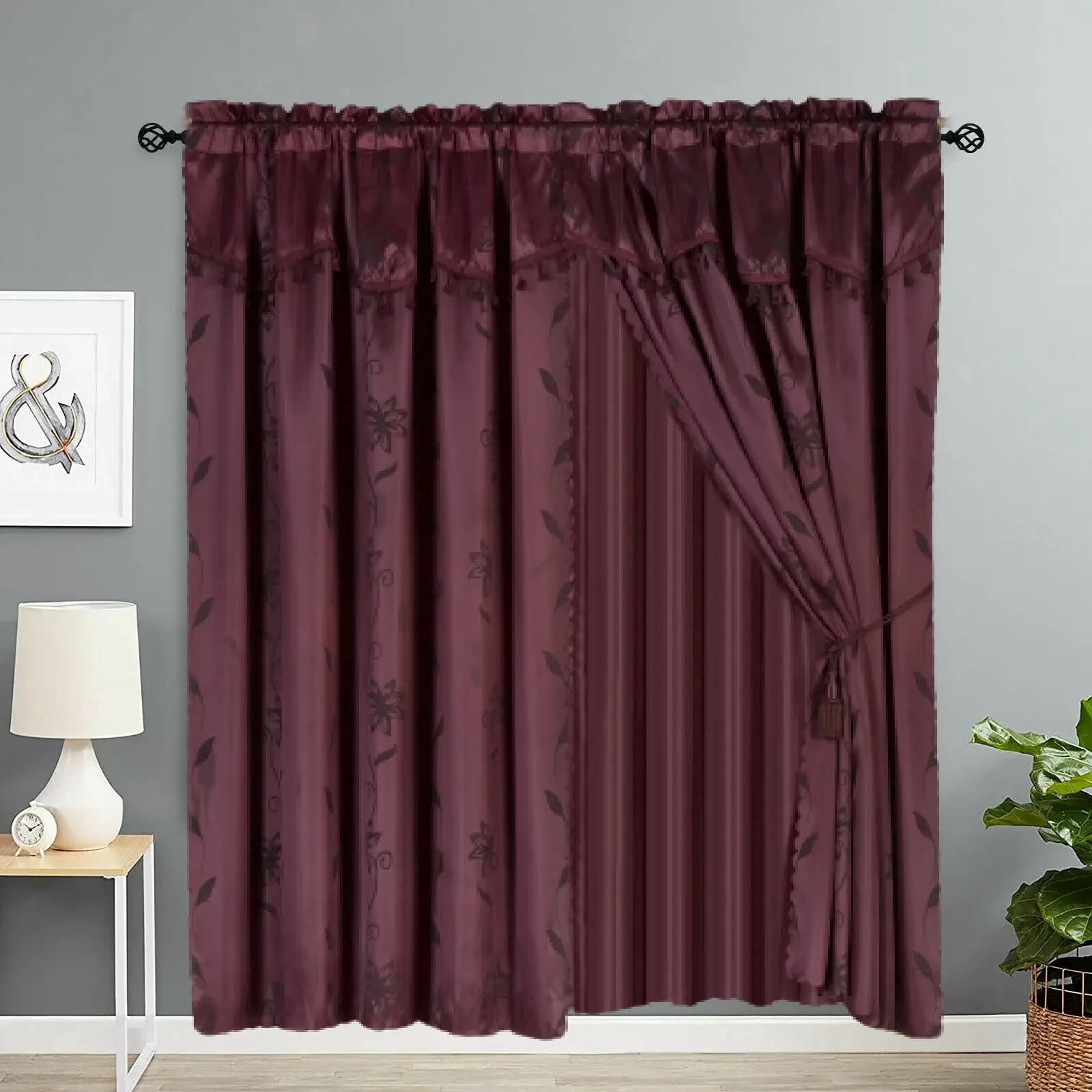 Gorgeous Home Linen 4pc Floral Printed Burgundy Elegant Rod Pocket Window Curtain Panel Treatment Drape with Matching tieback in 84" Long Nada