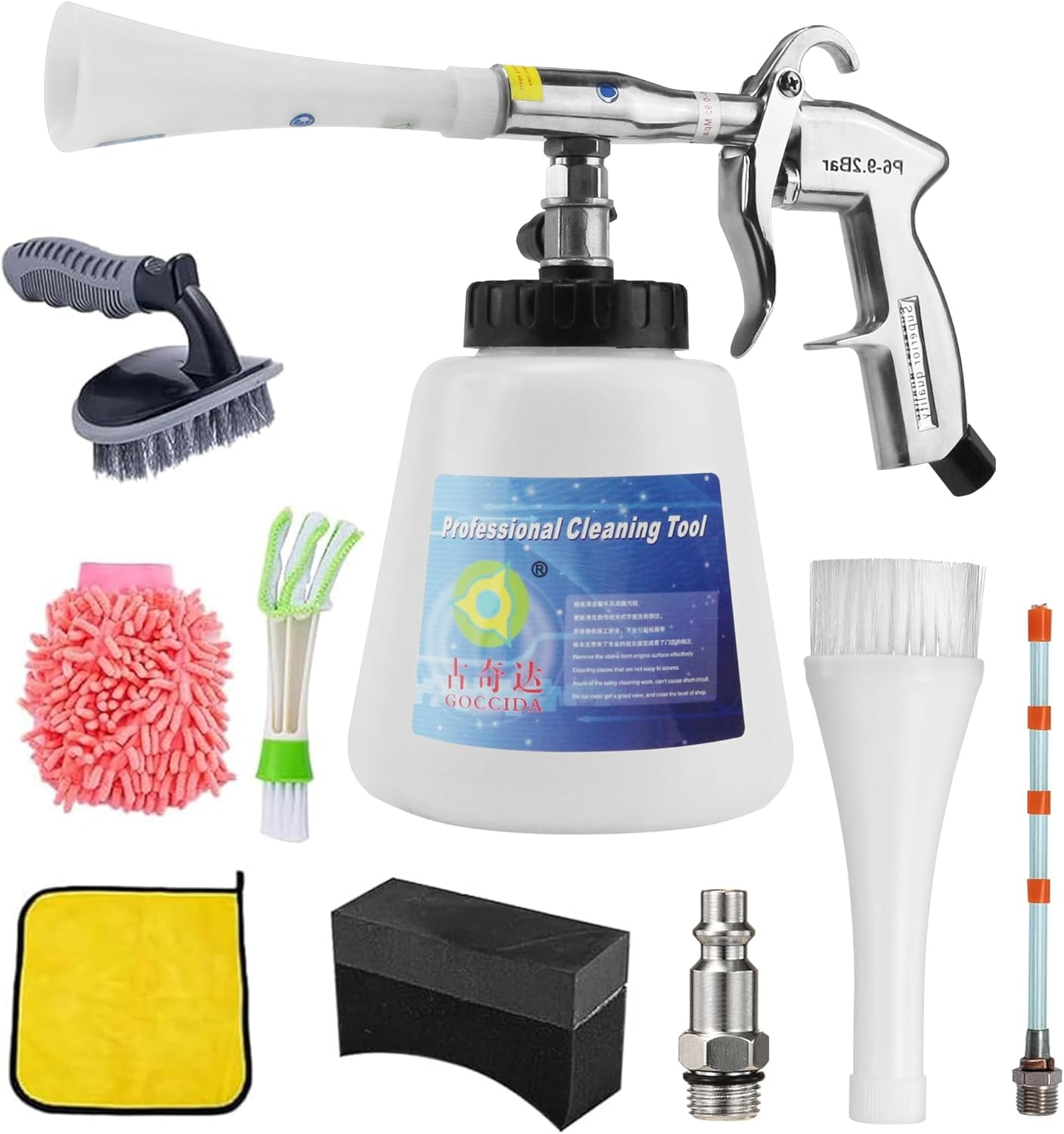 8 Piece Car Cleaning Kit, Car Detail Cleaning Kit with Air Compressor (Sponge Cloth + 5 Brushes + Replacement Hose) - 8 Part Car Cleaning Kit