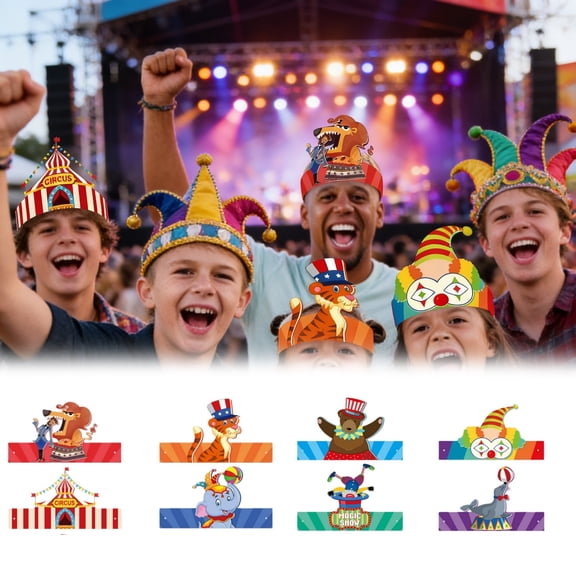 8-Piece Carnival Theme Paper Hats, Festive Party Hats for Carnival Celebrations, Circus and Themed Events, Fun Paper Headwear for Kids and Adults, Carnival Party Favor Supplies