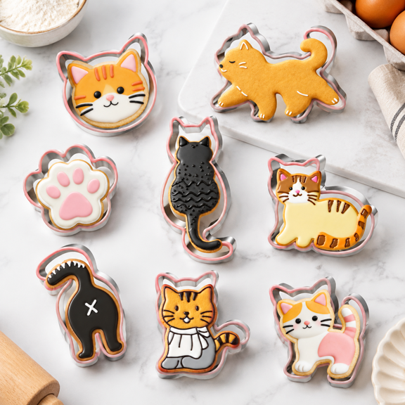 8 Piece Cat Cookies Set Silicone Rim Baking