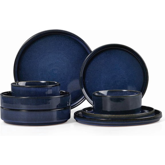 8-Piece Ceramic Stoneware Dinnerware Set with Pasta Bowls for 2 in Twilight Blue