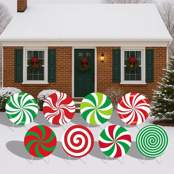 8-Piece Christmas Candy Yard Signs with Stakes Decorations  8 Assorted Peppermint and Lollipop Designs 12.6 x 12.6 Inches Large Round Candy Signs for Outdoor Garden and Lawn Holiday Party Favor