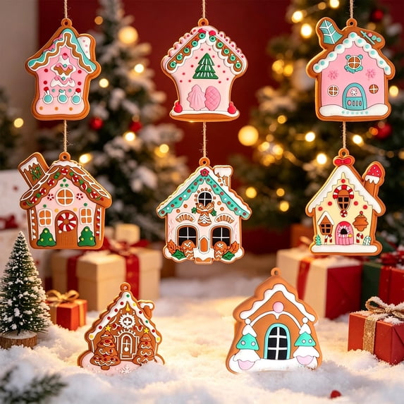 8-Piece Christmas House Hanging Ornament Set, Cute Cabin Tree Decorations for Winter Holiday Family Decor.