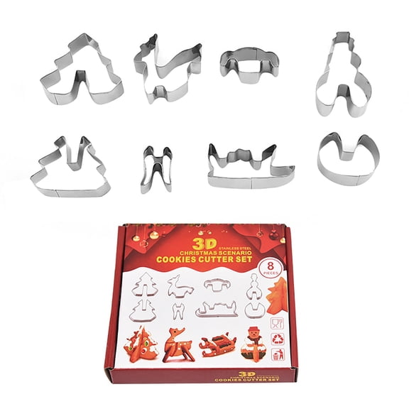 8 Piece Christmas Stainless Steel 3D Cookie Cutter Set Food Safe Multiple Shapes Easy to Clean for DIY Baking