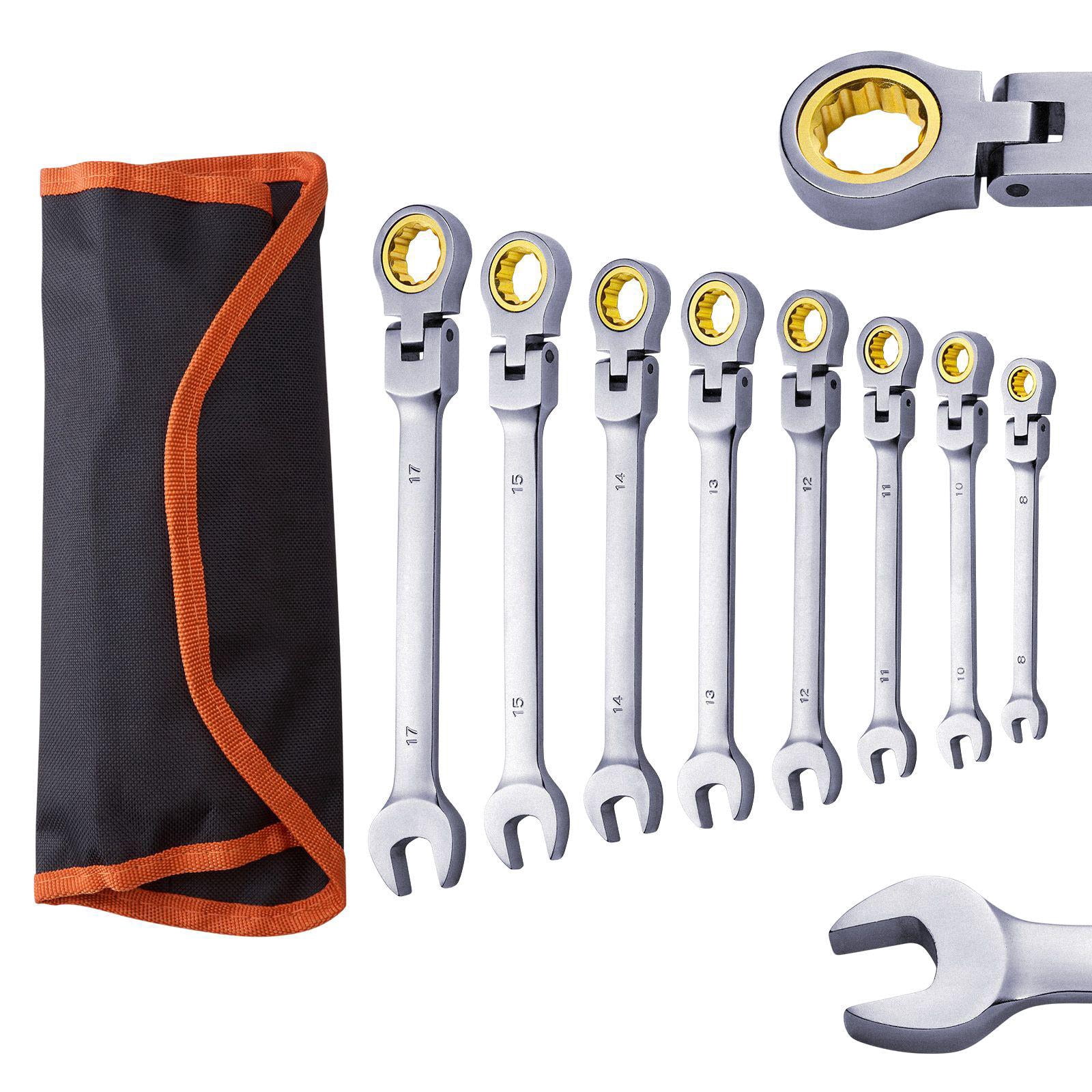8 Piece Chrome Vanadium Steel Ratchet Wrench Set 8mm to 17mm Metric with Reel Bag for Household and Automotive Repair