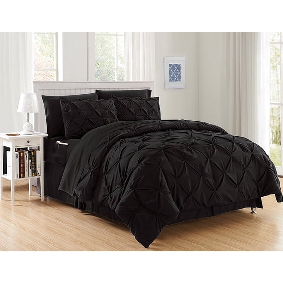 8 Piece Comforter Set Bag Pintuck Design, Bed Sheets, 2 Pillowcases, & 2 Shams Down Alternative All Season Warmth Twin/Twin XL, Black