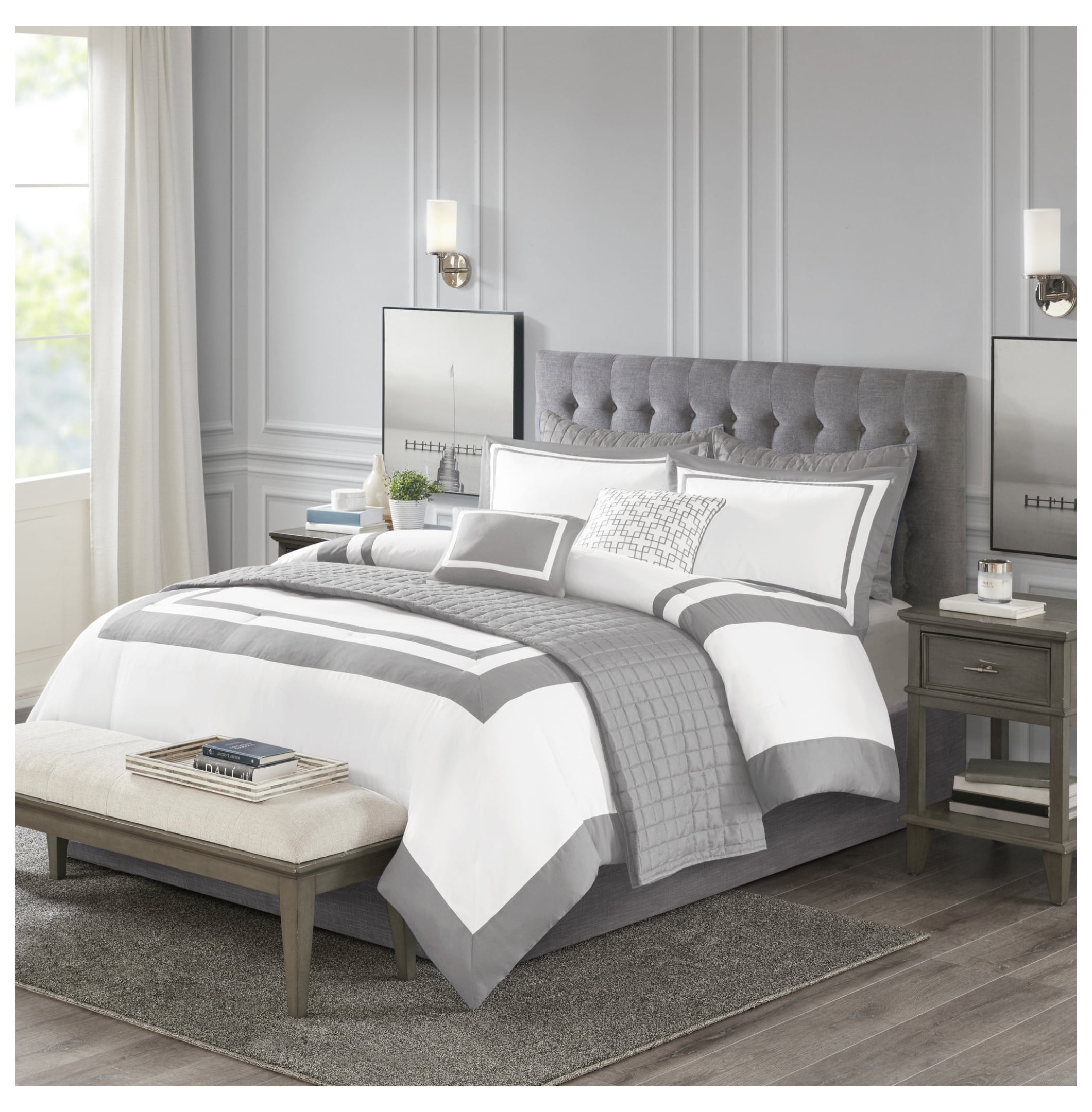 8 Piece Comforter Set Full/Queen - Grey Bedding Collection with Quilt ...