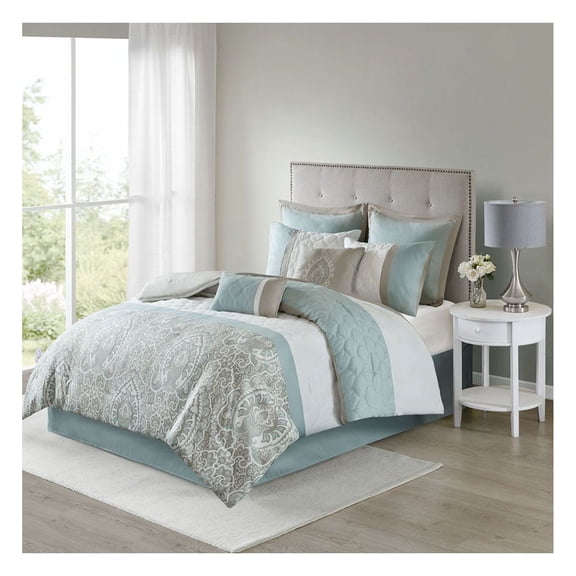 8 Piece Comforter Set - Transitional Quilted Design - Yellow, Grey & Taupe - Includes Shams & Pillows