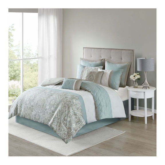 8 Piece Comforter Set - Transitional Quilted Design in Yellow, Grey & Taupe - King Size - Includes Shams & Pillows
