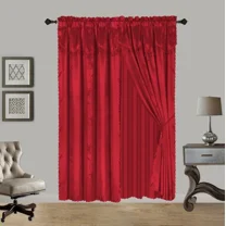 8 Piece Complete Curtain Set 120" W X 84" L With Matching Valances ,Sheer ,Backing Panels and 2 Tassels Faux Silk Shiny Rod Pocket 100% privacy Leaf Floral Design Nada Red