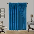 thumbnail image 1 of 8 Piece Complete Curtain Set 120" W X 84" L With Matching Valances ,Sheer ,Backing Panels and 2 Tassels Faux Silk Shiny Rod Pocket 100% privacy Leaf Floral Design Nada Turquoise, 1 of 5