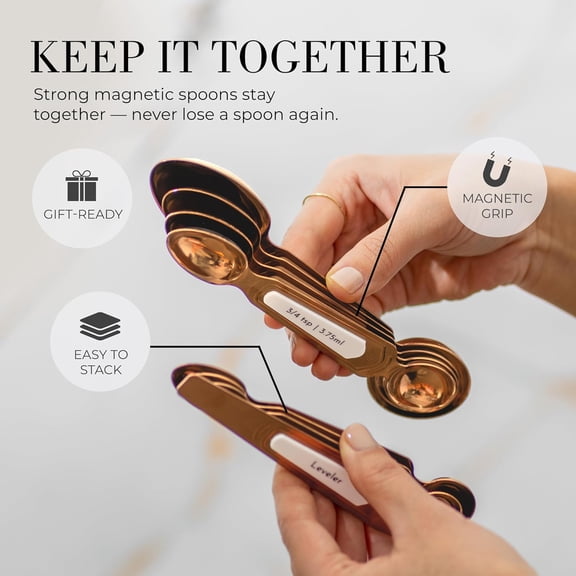 8-Piece Copper Magnetic Measuring Spoons Set with Leveler, Double-Sided Nesting Spoons, Stackable and Fits Spice Jars, Elegant Copper Kitchen Accessories for Cooking & Baking