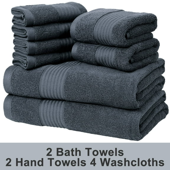 8 Piece Cotton Bath Towel Set, 2 Large Bath Towel, 2 Hand Towels & 4 Wash cloths For Gym, Spa and Bathroom, Dark Gray