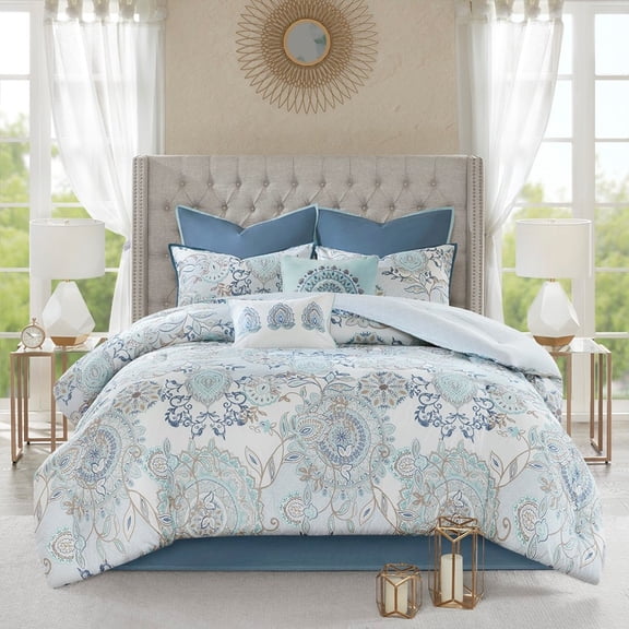 8 Piece Cotton Floral Printed Reversible Comforter Set Blue King