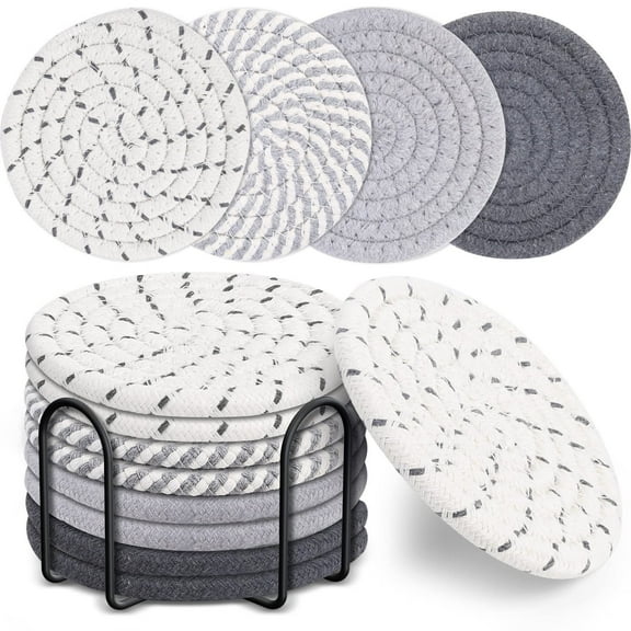 8-Piece Cotton Rope Woven Pot Holder Mats Set | 4.3-Inch Round Heat Resistant Trivets for Kitchen Table | Thickened Insulation Hot Pads with Storage Rack