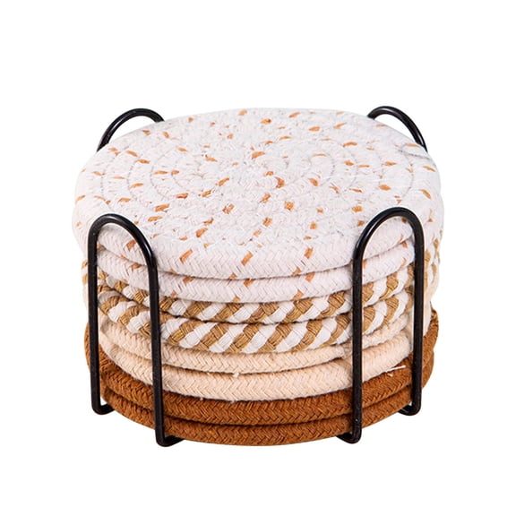 8-Piece Cotton Rope Woven Pot Holder Mats Set | 4.3-Inch Round Heat Resistant Trivets for Kitchen Table | Thickened Insulation Hot Pads with Storage Rack