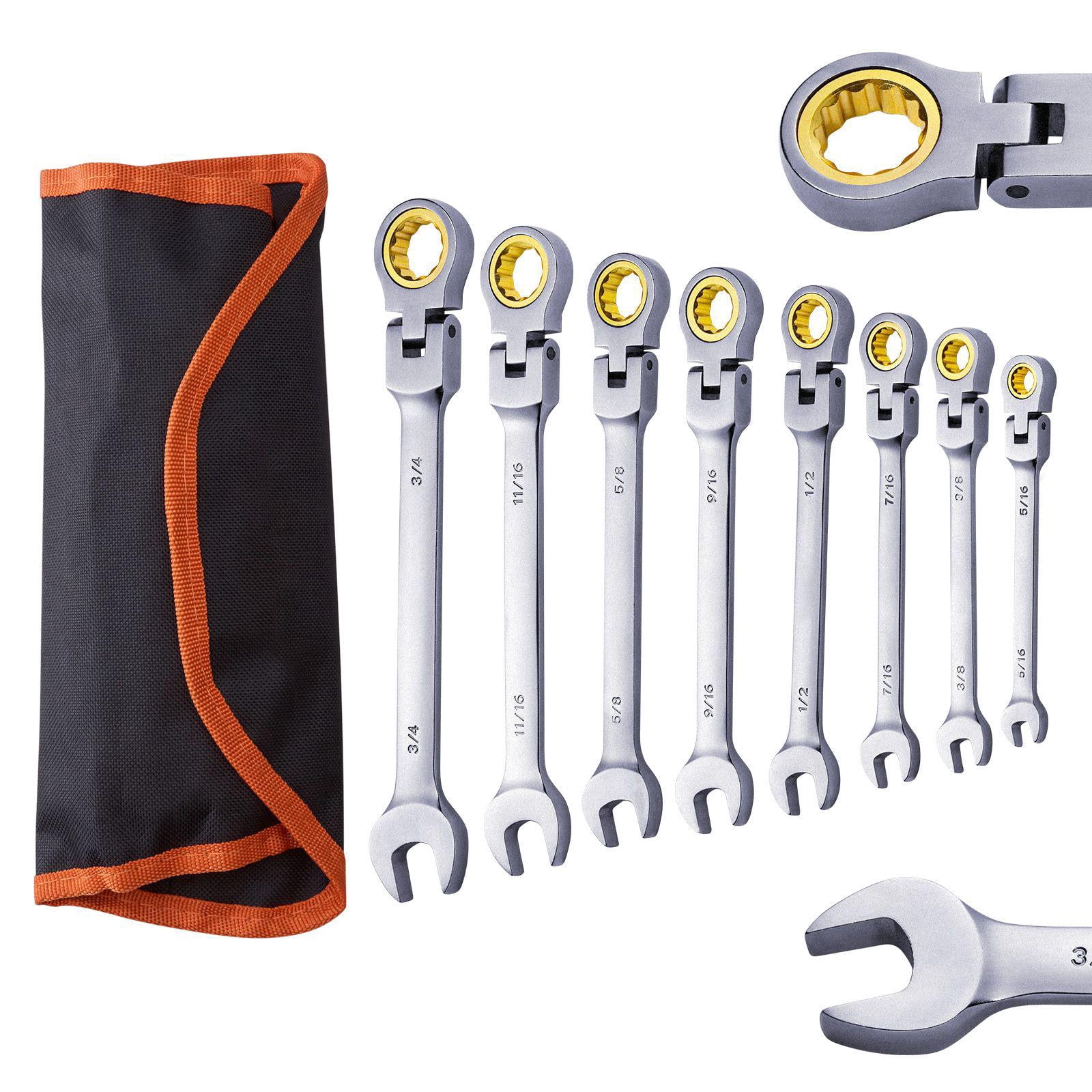 8 Piece Cr-V Steel Flex Head Ratcheting Wrench Set SAE 5/16 to 3/4 Inch with Roll Up Pouch for Home Workshop Garage
