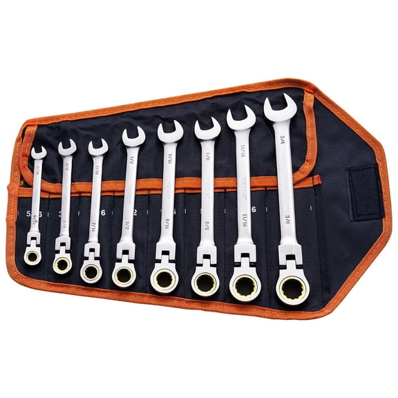 8 Piece Cr V Steel Flex Head Ratcheting Wrench Set SAE 5 16 to 3 4 Inch with Roll Up Pouch for Household Workshop Garage