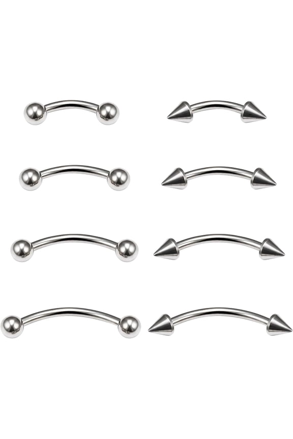 8-Piece Curved Barbell Piercing Jewelry Set, Eyebrow Piercing, 16G Stainless Steel Rook, Helix & Eyebrow Rings, Includes Vertical Labret Lip Bars Jewelry