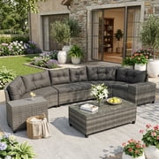 8-Piece Curved Outdoor Sectional Sofa Set, PE Rattan Half-Moon Patio Furniture with Tufted Cushions & Glass Coffee Table, Gray