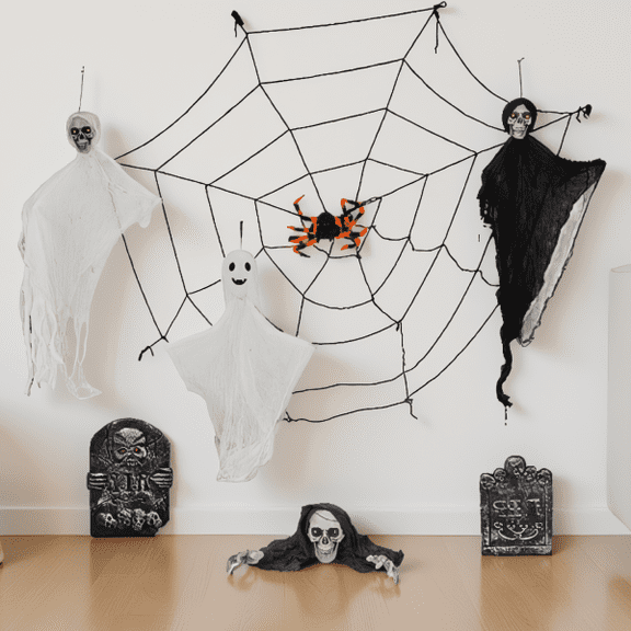 8-Piece Decoration Set, Hanging Ghosts Gravestones Crawling Skeleton with LED Light-Up Eyes, 5.9 ft Cobweb Included