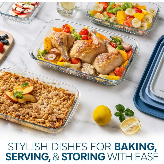 8-Piece Deep Glass Baking Dish Set with Plastic Lids – Casserole and Food Storage Containers for Lasagna, Leftovers – Freezer-to-Oven, Microwave & Dishwasher Safe, Fluted Blue