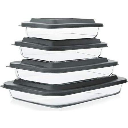 8-Piece Deep Glass Baking Dish Set with Plastic lids,Rectangular Glass Bakeware Set with Lids, Baking Pans for Lasagna, Leftovers, Cooking, Kitchen, Freezer-to-Oven and Dishwasher, Gray