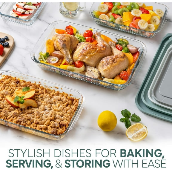 8-Piece Deep Glass Baking Dish Set with Plastic Lids – Fluted Sage