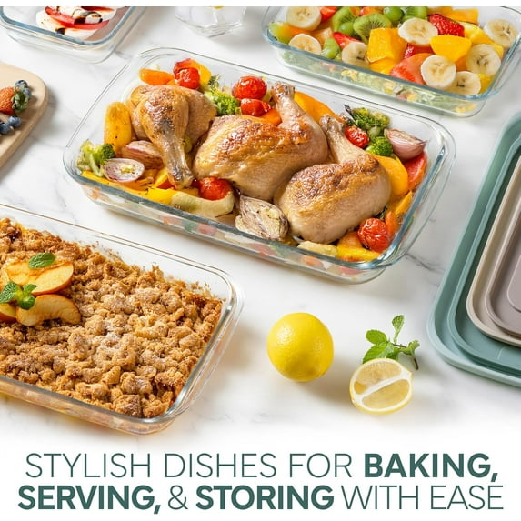 8-Piece Deep Glass Baking Dish Set with Plastic Lids - Freezer-to-Oven, Microwave & Dishwasher Safe, Mint