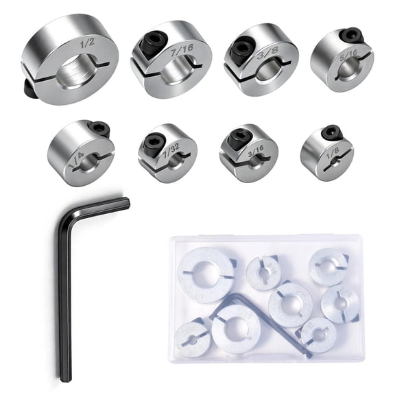 8-Piece Depth Stop Collar Kit, Carbon Steel Drill Bit Stops, Spacing Positioner Locator, Drilling Limit Split Ring with Allen Wrench, 1/2" 7/16" 3/8" 5/16" 1/4" 7/32" 3/16" 1/8"