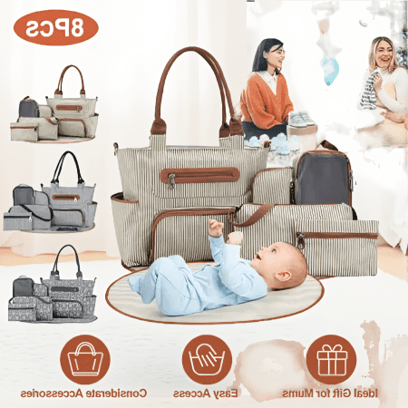 8-Piece Diaper Bag Set with 12 Pockets, Includes Bottle Bag, Diaper Pad, Burp Cloths, 2 Carry Ways