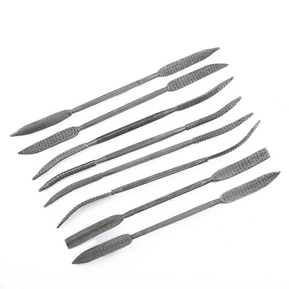 8-Piece Double-Ended Rasp Riffler File Set for Wood Carving  Carbon Steel, Curved Heads, Medium-Staggered Teeth, 190mm Length, Ergonomic Handles