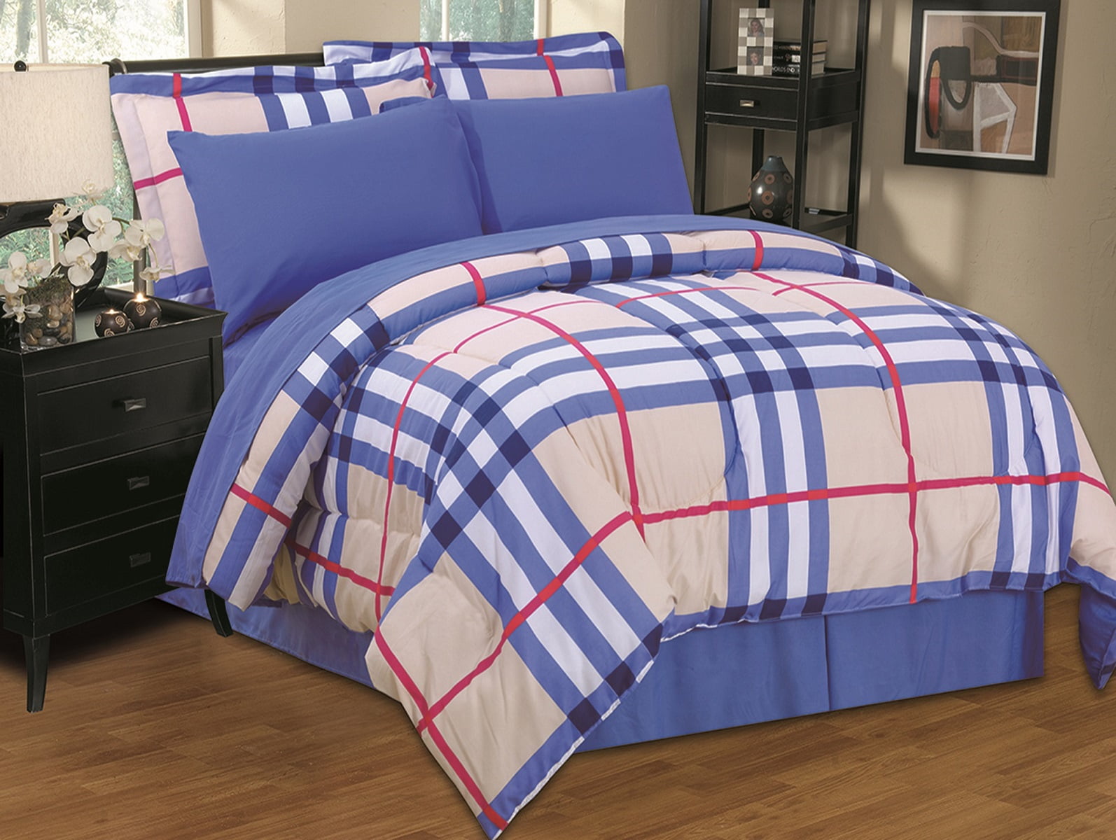 8 Piece Elegant Plaid Bed in a Bag Comforter Set with Sheets