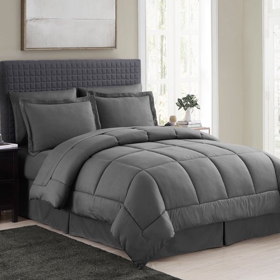 8 Piece Embossed Checkered Bed in a Bag Bedding Set, King - Grey