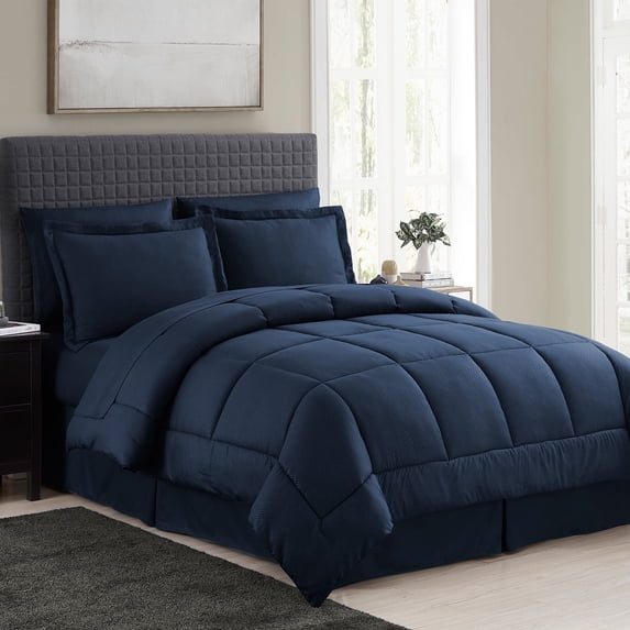 8 Piece Embossed Checkered Bed in a Bag Bedding Set, King - Navy Blue