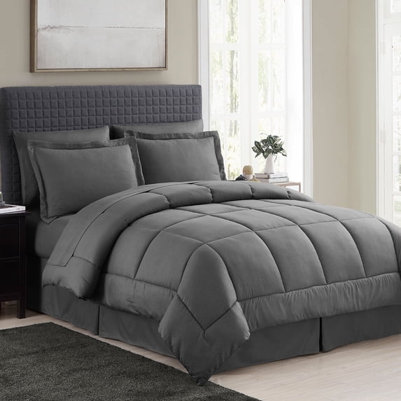 8 Piece Embossed Checkered Bed in a Bag Bedding Set, Queen - Grey