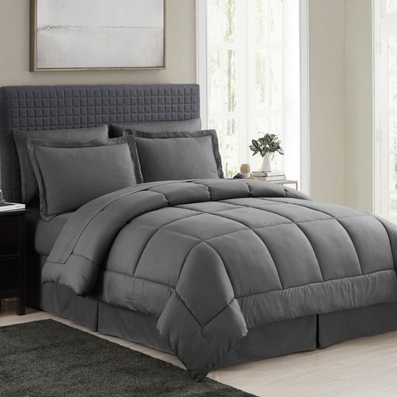 8 Piece Embossed Checkered Bed in a Bag Bedding Set, Queen - Grey