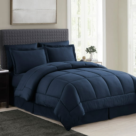 8 Piece Embossed Checkered Bed in a Bag Bedding Set, Queen - Navy Blue